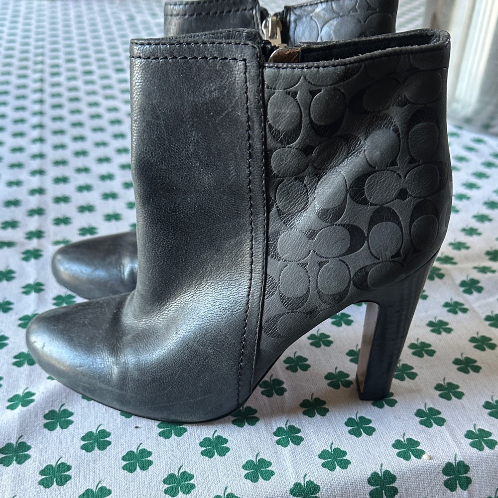 Coach Black Leather & Signature Jacquard Ankle Booties